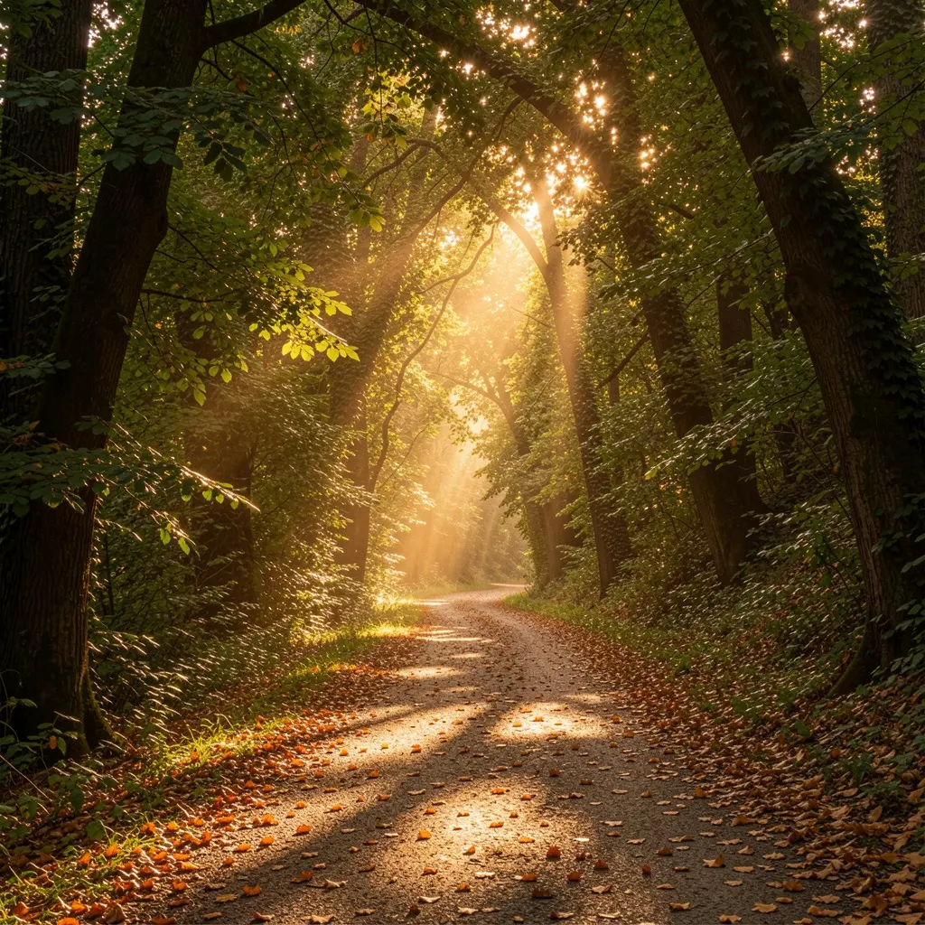 A peaceful nature path winding through trees with warm sunlight filtering through the canopy