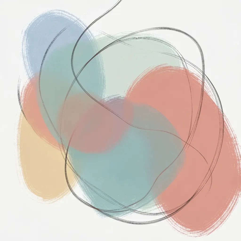 Abstract artistic composition with soft overlapping shapes and flowing brush stroke lines